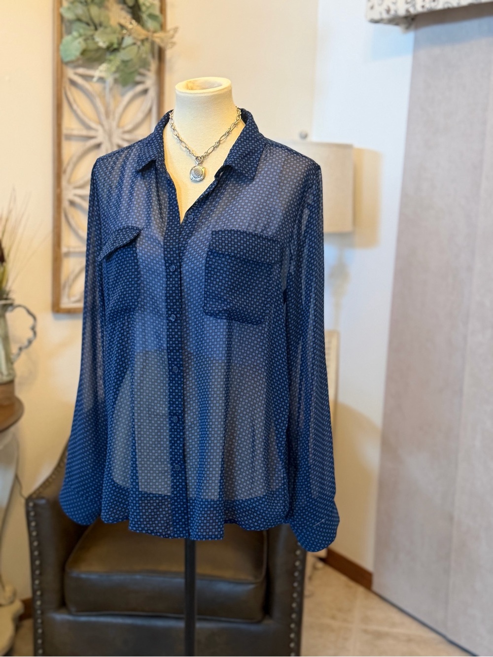 Old Navy Navy Blue X Polka Dot Sheer Button-Down Shirt